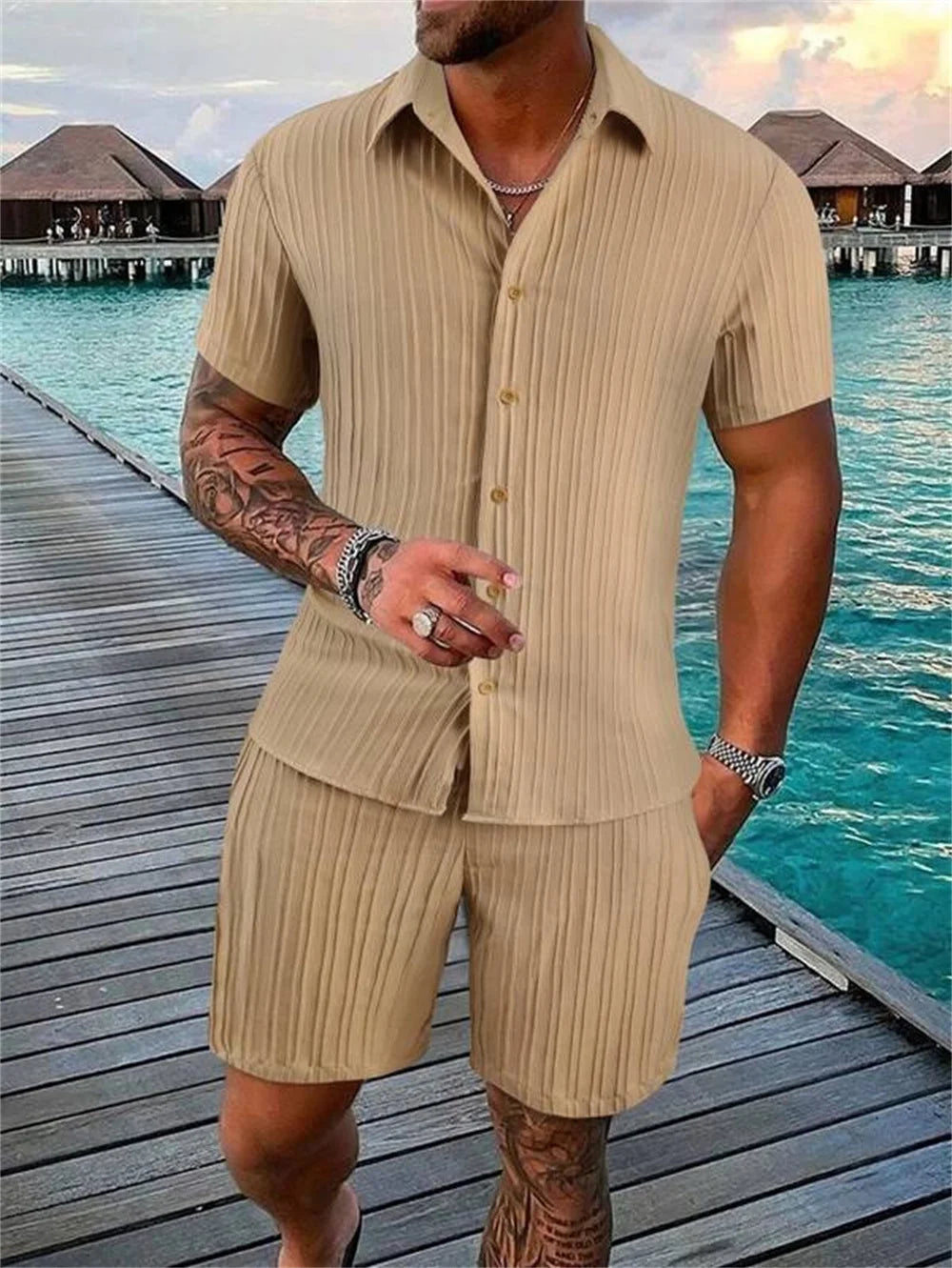 Daily basic fashion simple retro solid-colored striped summer men's casual loose beach set