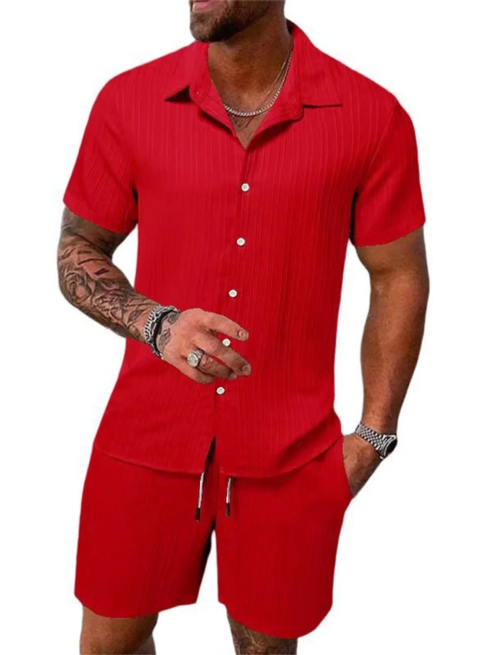 Daily basic fashion simple retro solid-colored striped summer men's casual loose beach set