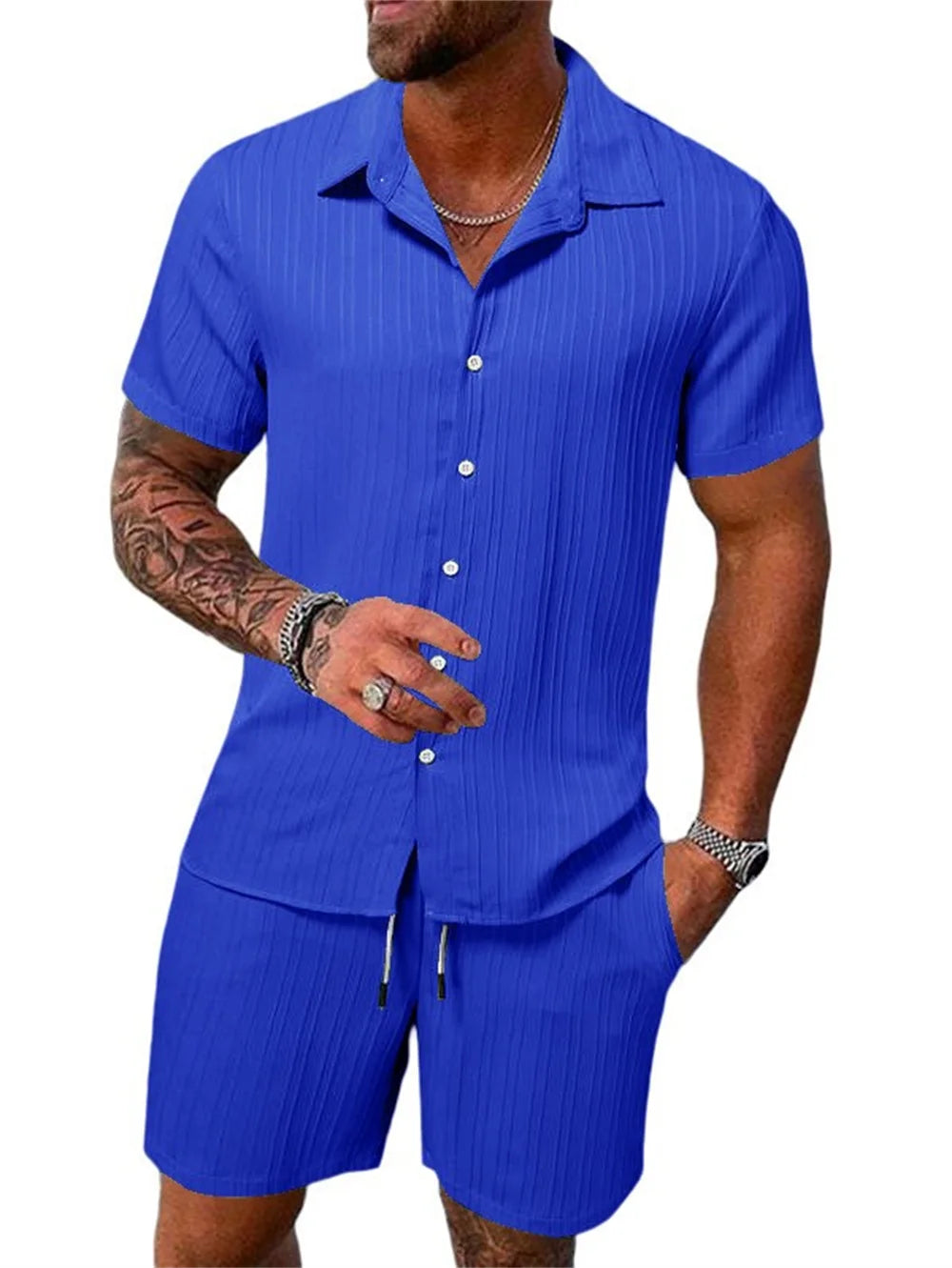 Daily basic fashion simple retro solid-colored striped summer men's casual loose beach set