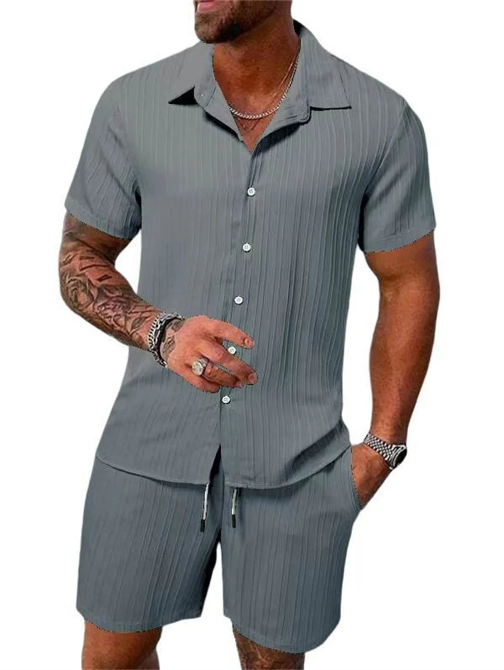 Ensemble Homme Décontracté Été – Chemise Rayée et Short Style Vintage