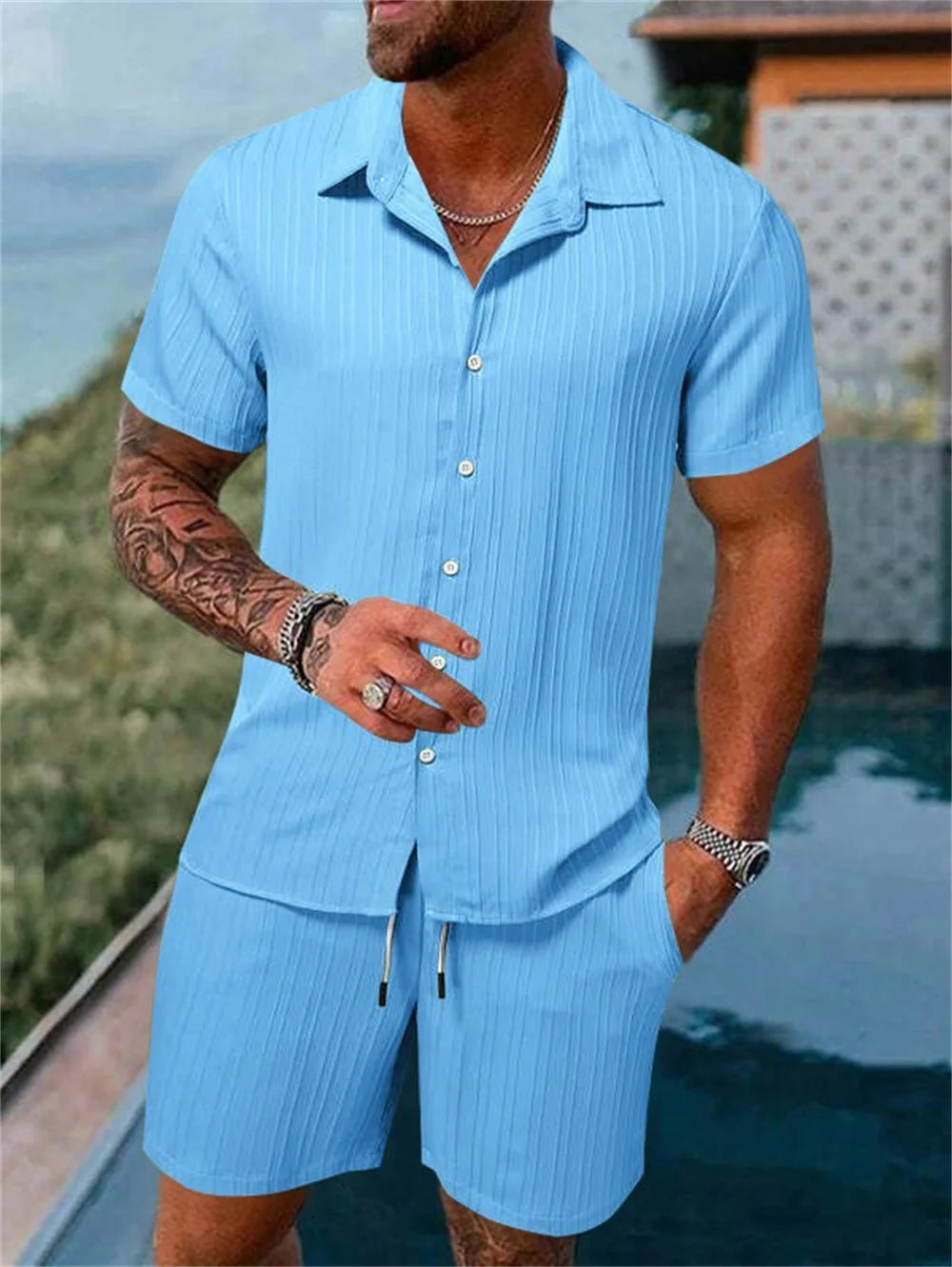 Daily basic fashion simple retro solid-colored striped summer men's casual loose beach set