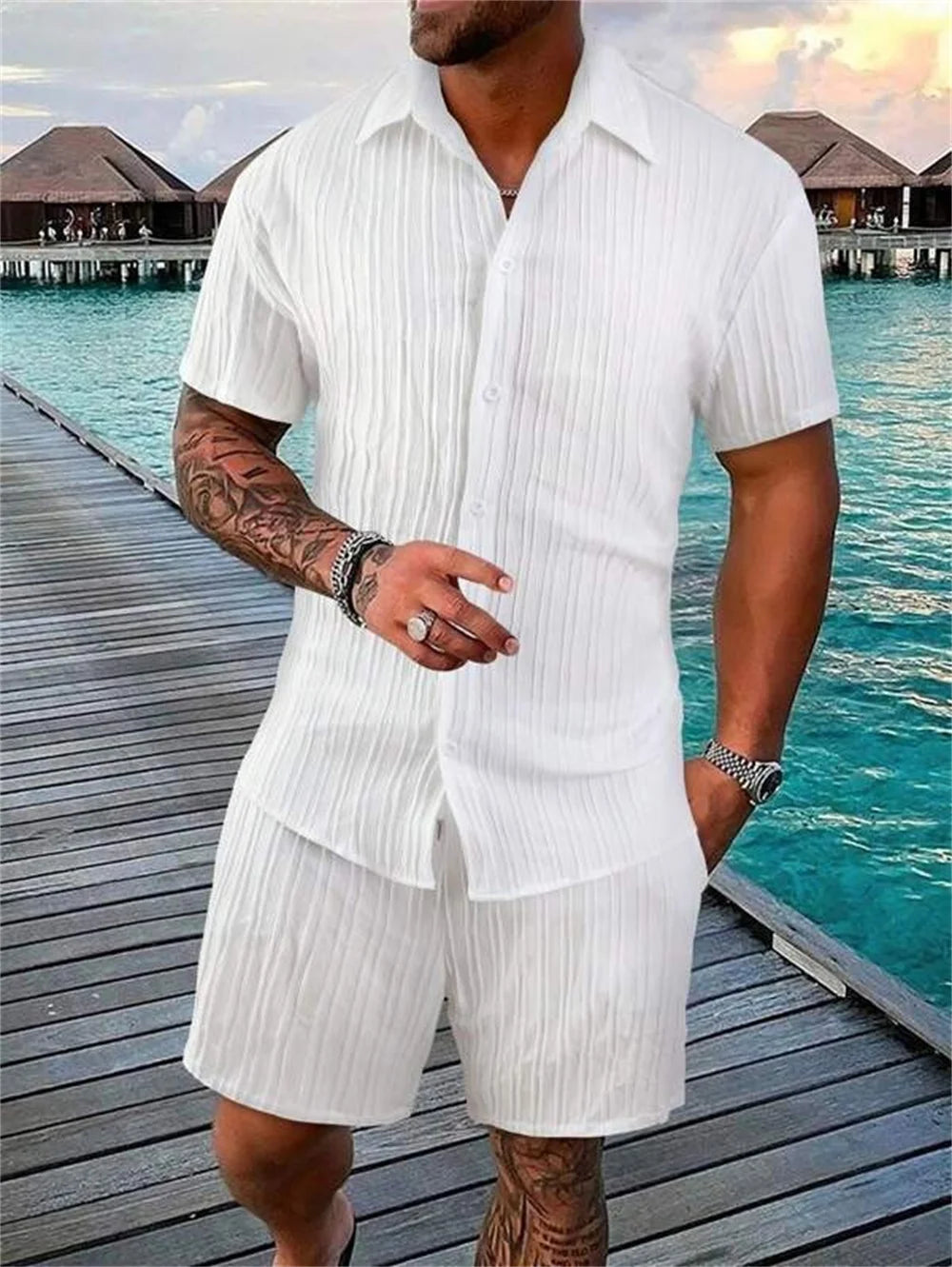Ensemble Homme Décontracté Été – Chemise Rayée et Short Style Vintage