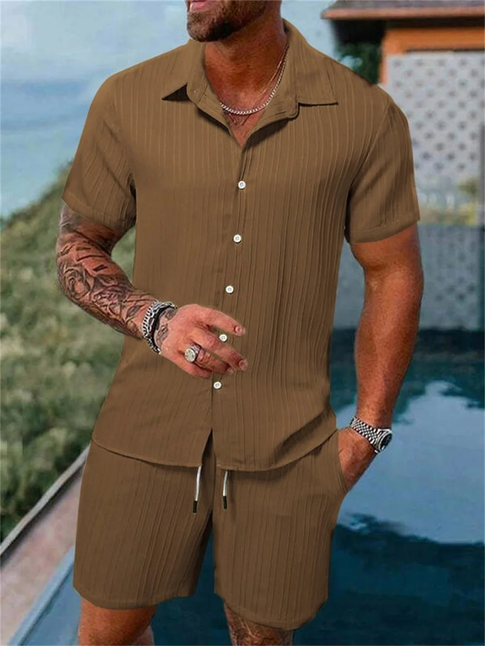 Ensemble Homme Décontracté Été – Chemise Rayée et Short Style Vintage