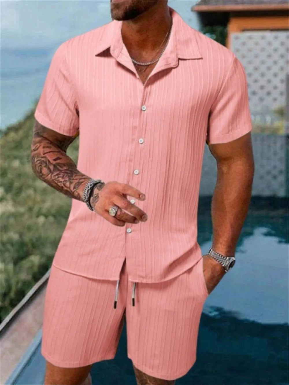 Daily basic fashion simple retro solid-colored striped summer men's casual loose beach set