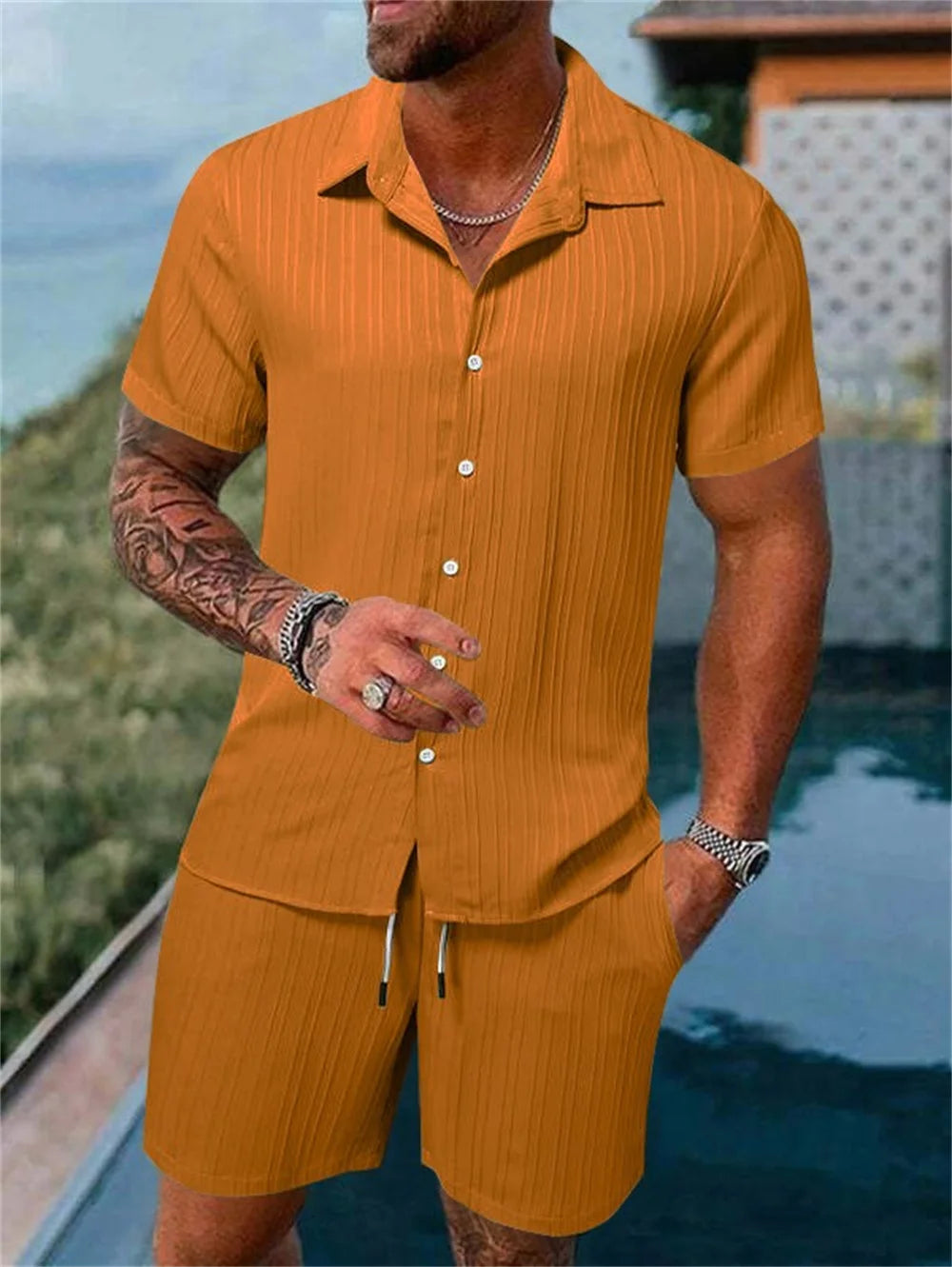 Ensemble Homme Décontracté Été – Chemise Rayée et Short Style Vintage