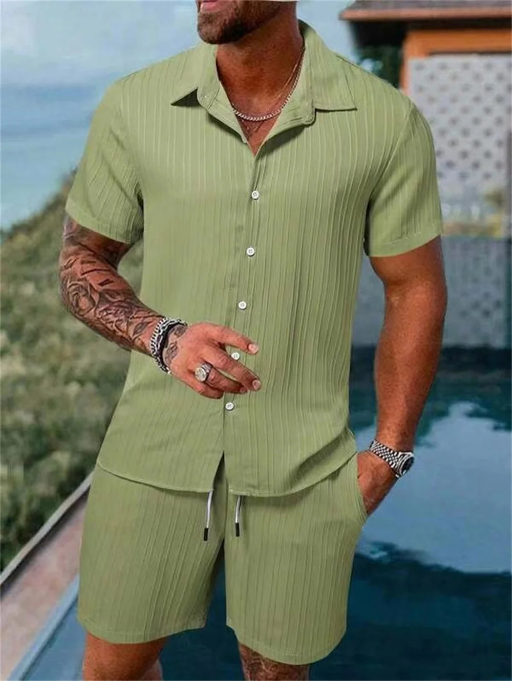 Daily basic fashion simple retro solid-colored striped summer men's casual loose beach set