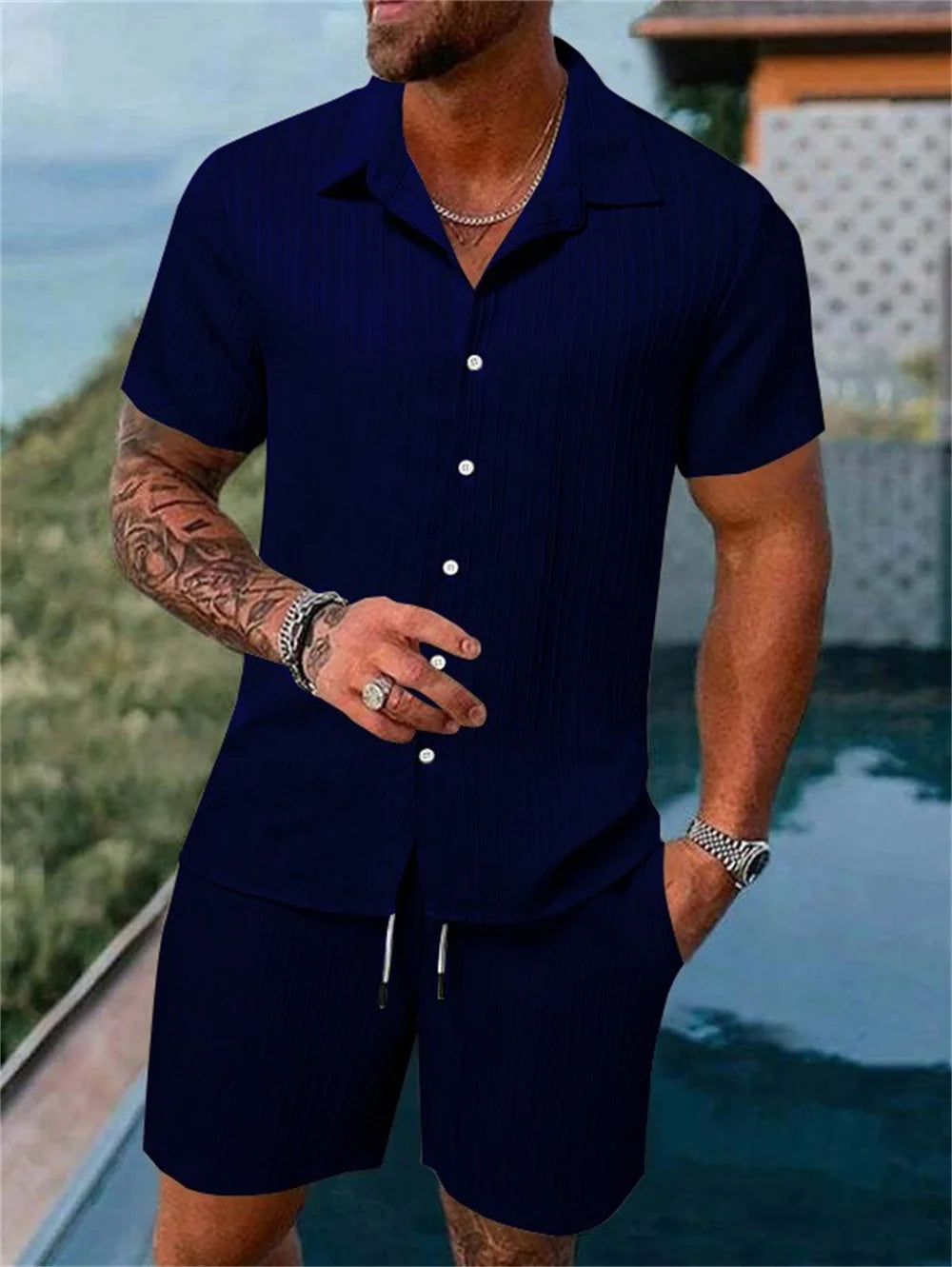 Ensemble Homme Décontracté Été – Chemise Rayée et Short Style Vintage