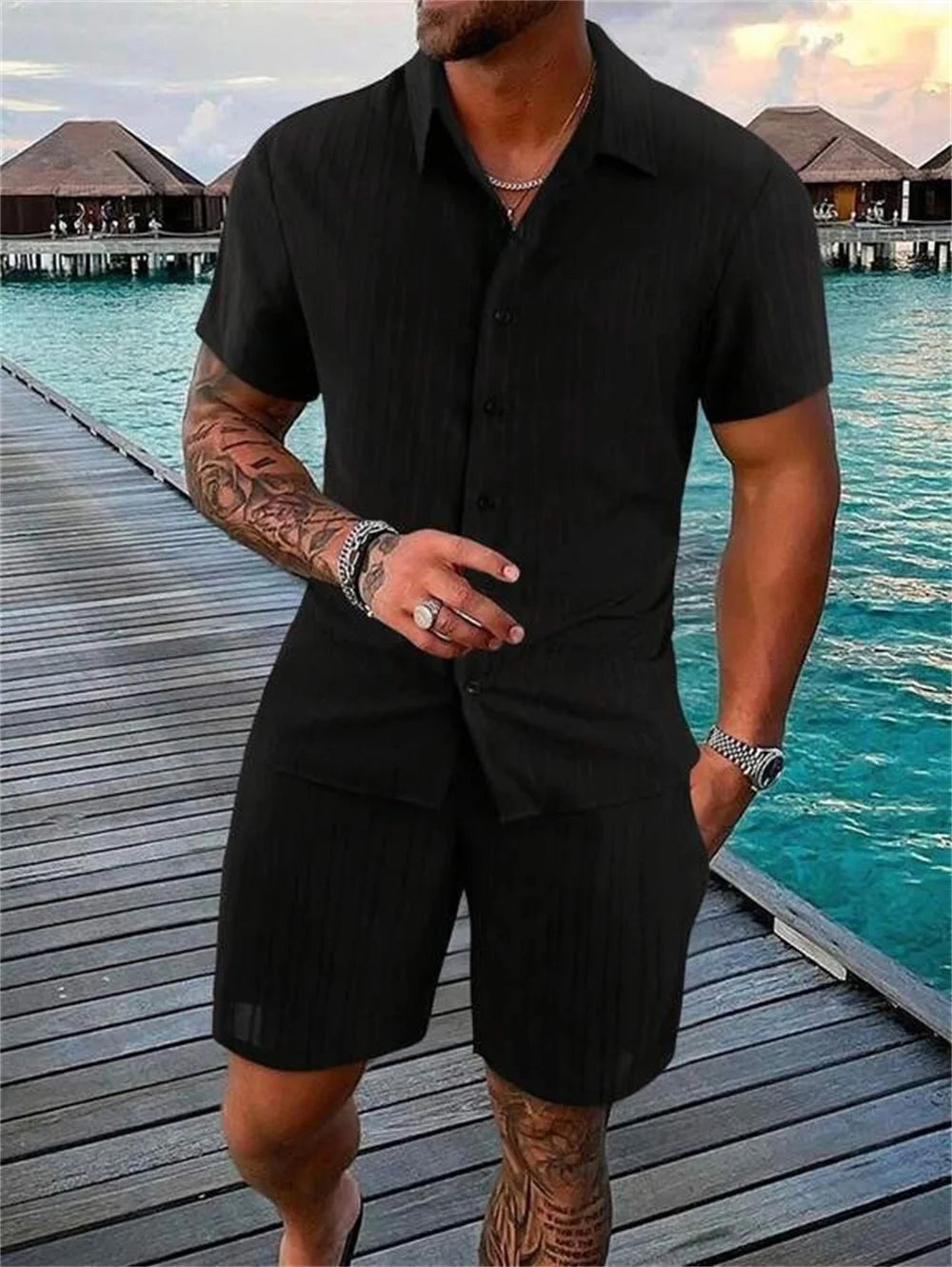 Ensemble Homme Décontracté Été – Chemise Rayée et Short Style Vintage