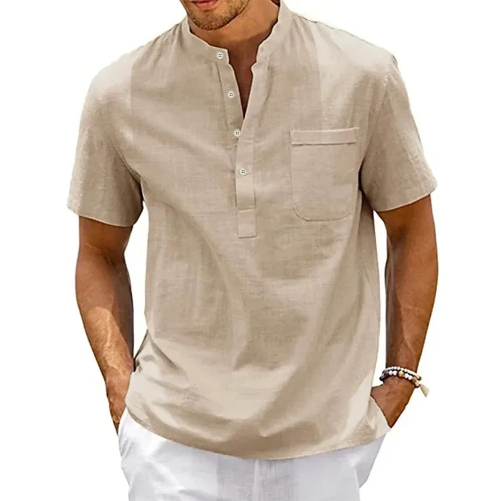 T-shirt Homme Col Henley en Coton et Lin – Style Décontracté avec Poche
